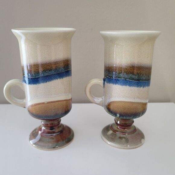 Vintage Otagiri Irish Coffee Mugs Pedestal Blue Beige Set of 2 1049 B - Picture 4 of 12